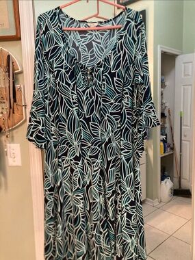 Leaf-Print black & Teal a-line Midi Dress size 18/20W